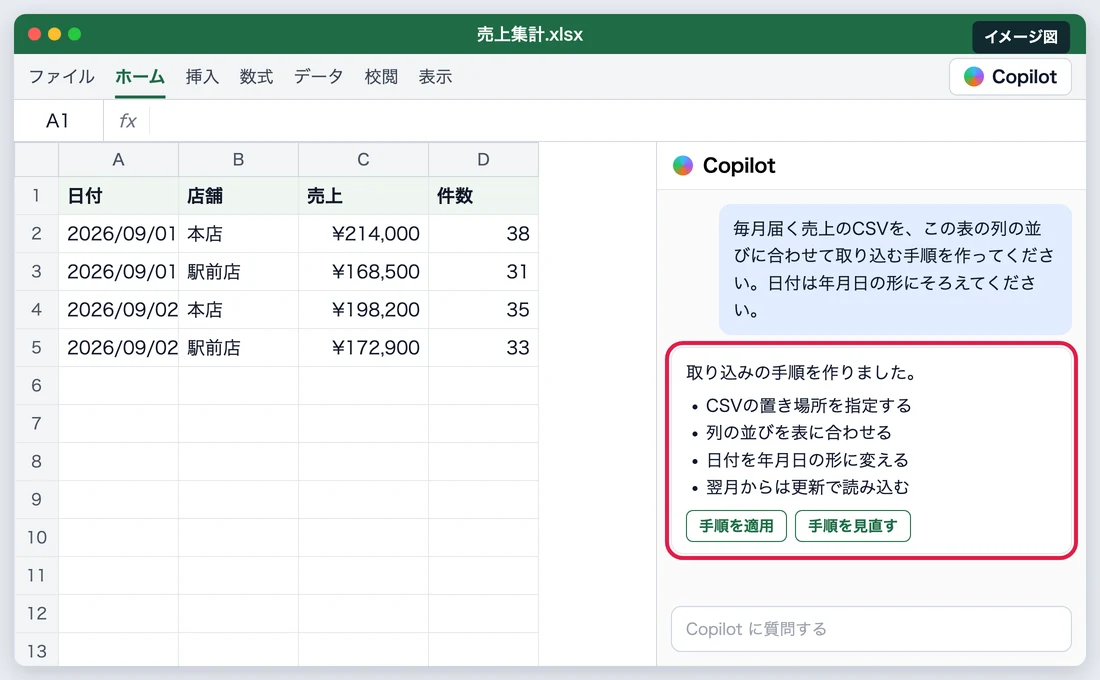 会話で取り込み手順を組むイメージ