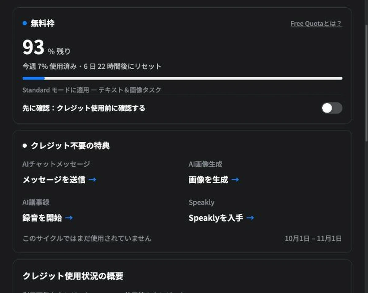 無料枠93%・クレジット未使用と表示された実際の画面