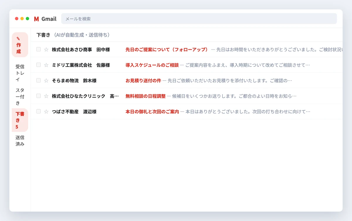 AIが作った下書きが並んだメールの画面
